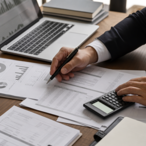 Foto editorial de mesa financeira com documentos, calculadora e notebook, representando análise de fluxo de caixa.