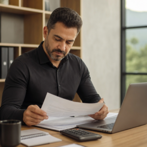 Empresário revisando documentos fiscais e calculadora em escritório moderno para avaliar o Simples Nacional