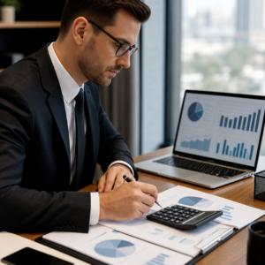 Empresário analisando relatórios financeiros em escritório moderno