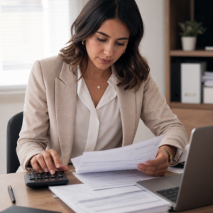 Empreendedor revisando documentos fiscais com calculadora e notebook