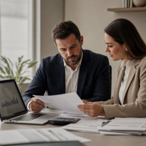 Dois profissionais analisando relatórios financeiros em escritório moderno
