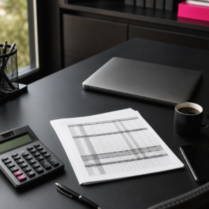Mesa de escritório com calculadora, planilha financeira, notebook e café em ambiente contábil