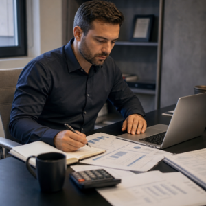 Empresário analisando relatórios financeiros em escritório moderno, imagem fotográfica realista